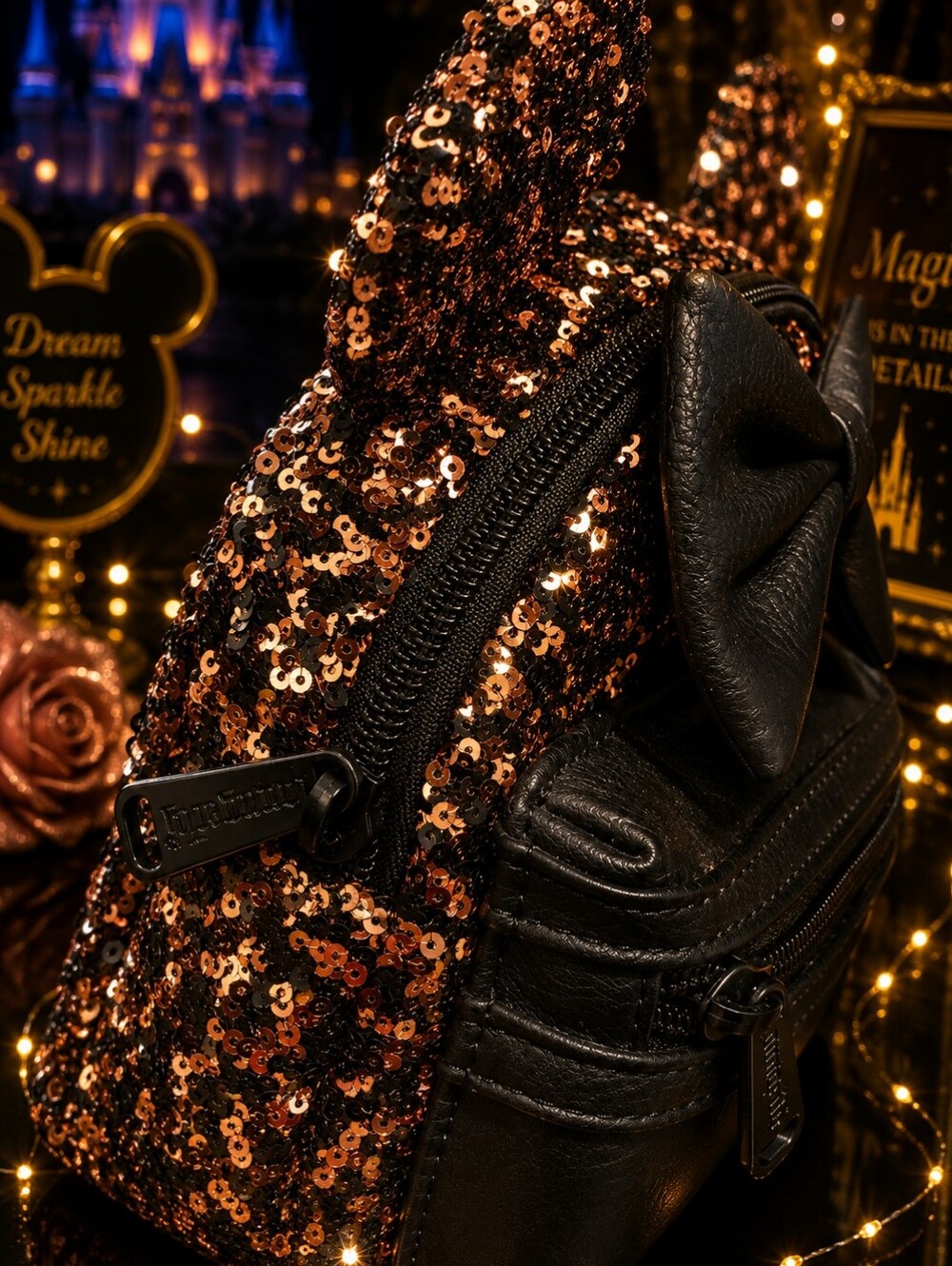 Disney Parks Loungefly Minnie Mouse Briar Rose Gold Sequin Backpack Wristlet - Picture 5 of 5